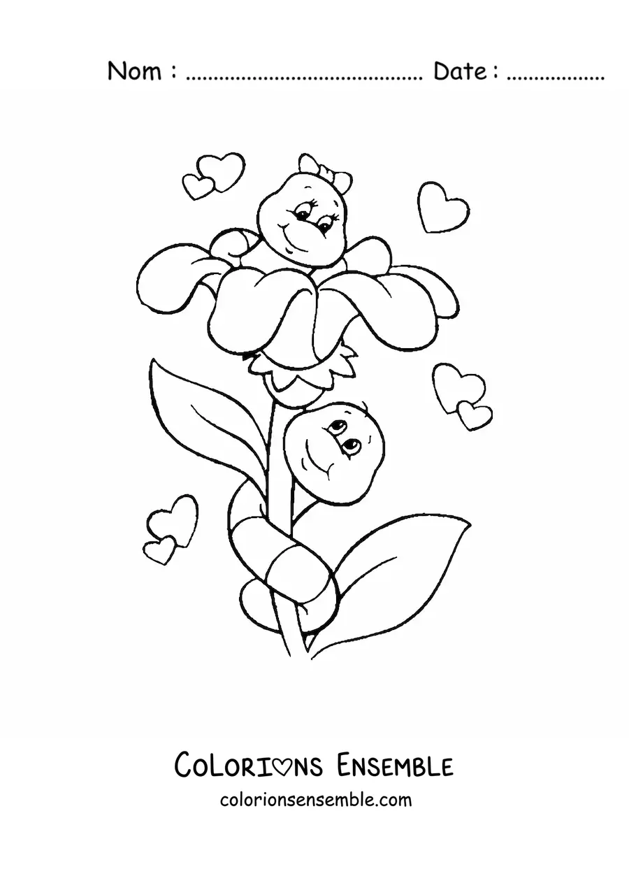 Image à colorier de deux petites chenilles amoureuses posées sur une fleur