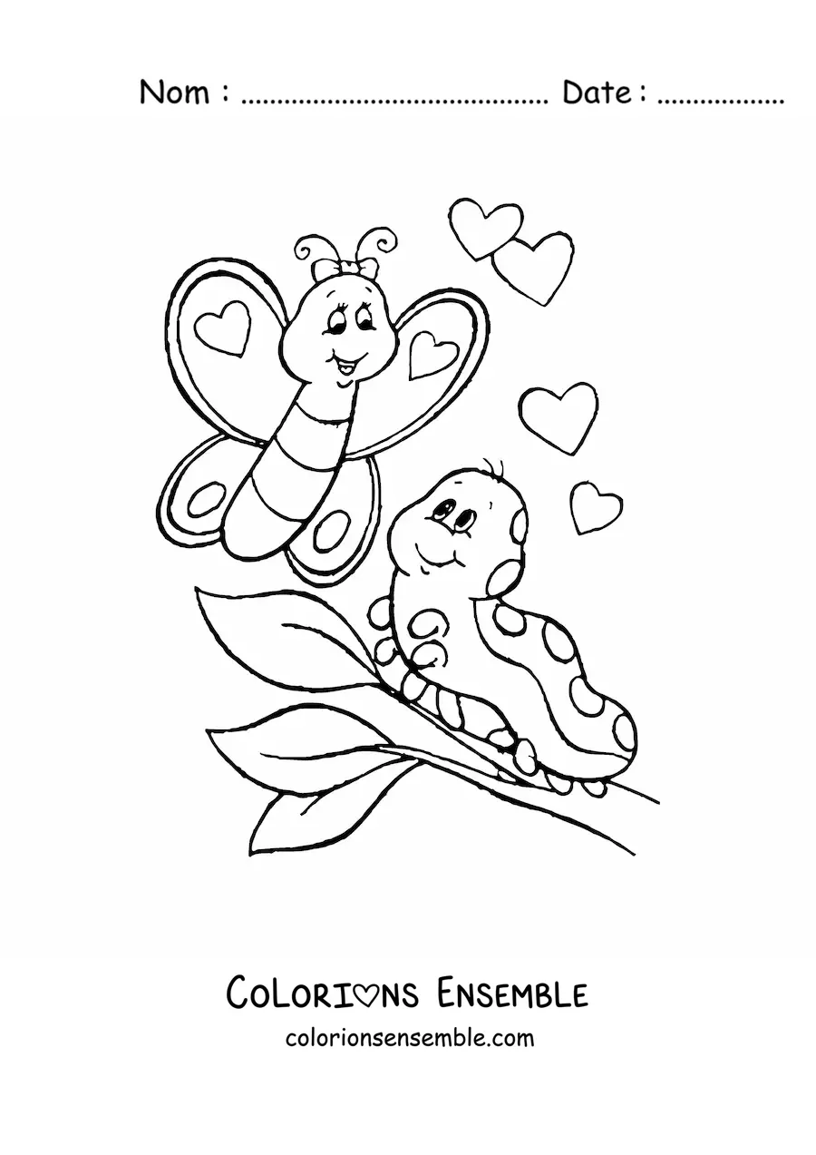 Image à colorier d'une chenille et d'un papillon amoureux