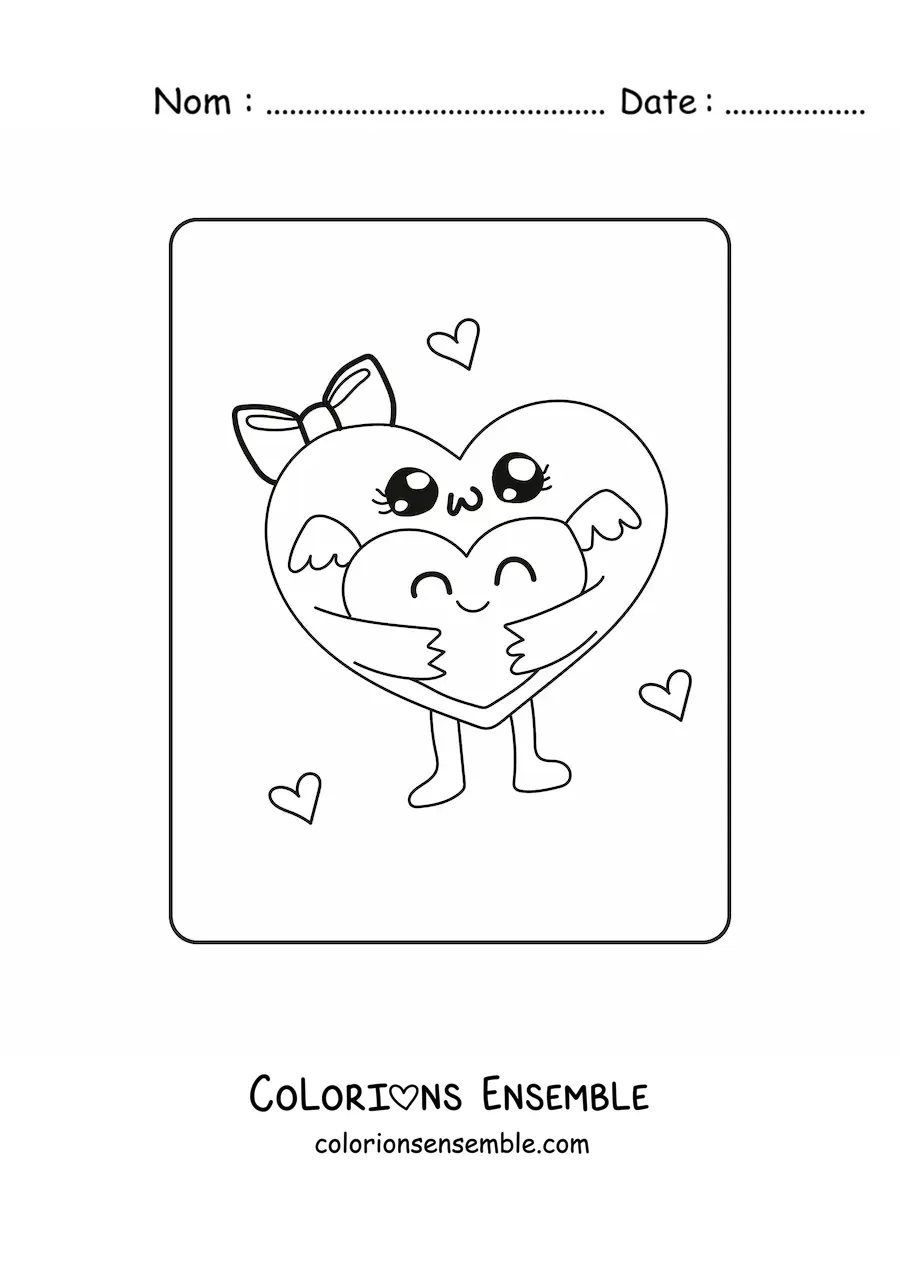 Image à colorier de deux cœurs animés kawaii