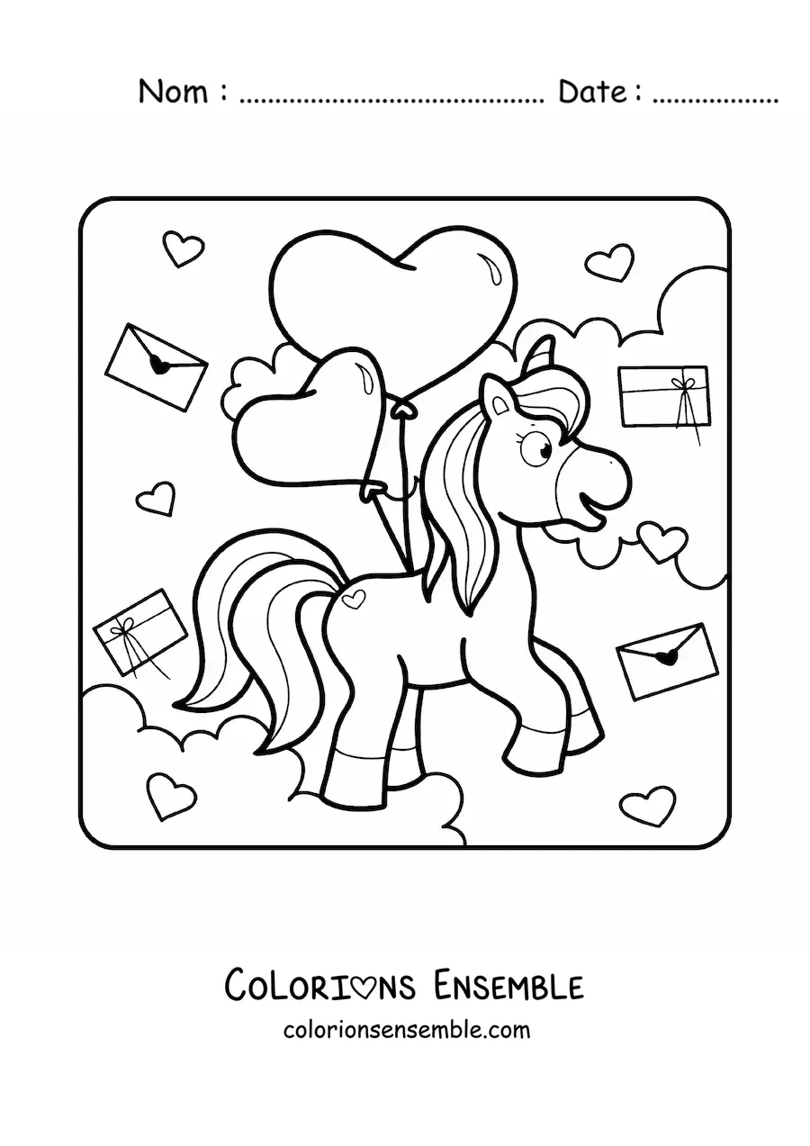 Image à colorier d'une licorne avec des ballons et des cartes de la Saint-Valentin