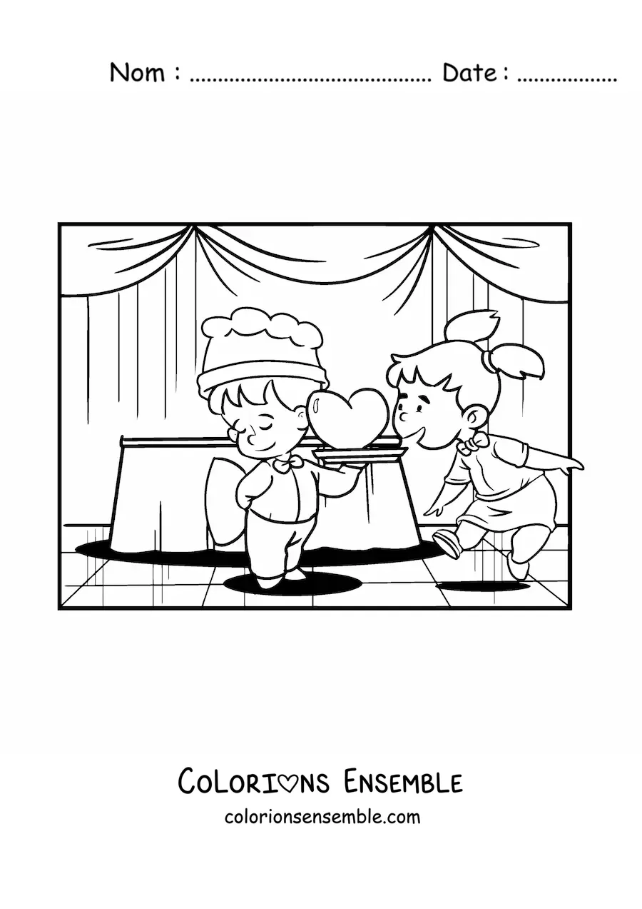 Image à colorier de deux enfants lors d'un dîner cadeau de la Saint-Valentin
