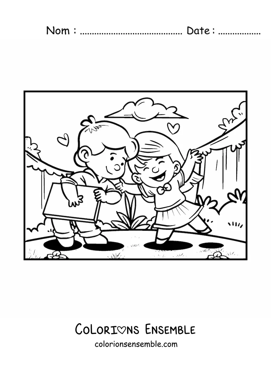 Image à colorier d'un couple d'enfants avec un cadeau de la Saint-Valentin