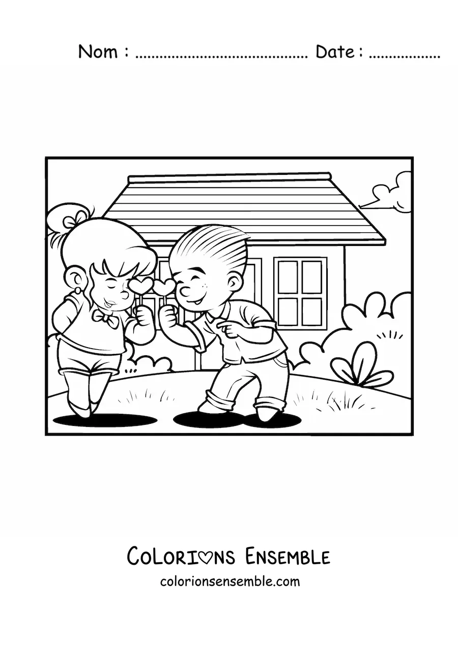 Image à colorier d'un couple d'enfants avec des cœurs de la Saint-Valentin