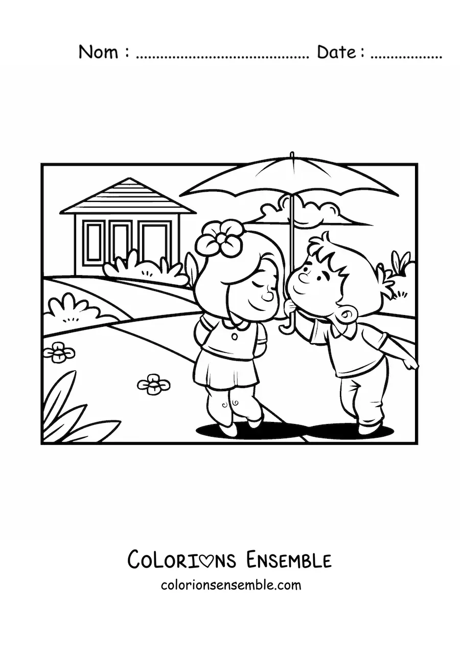 Image à colorier d'un couple d'enfants lors d'un rendez-vous romantique