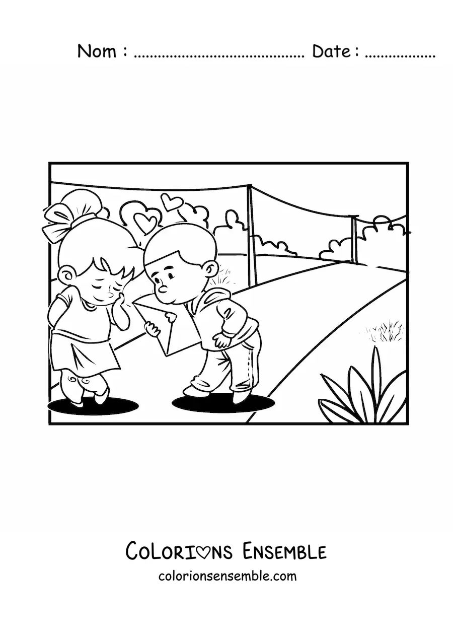 Image à colorier d'un couple d'enfants avec une carte de la Saint-Valentin