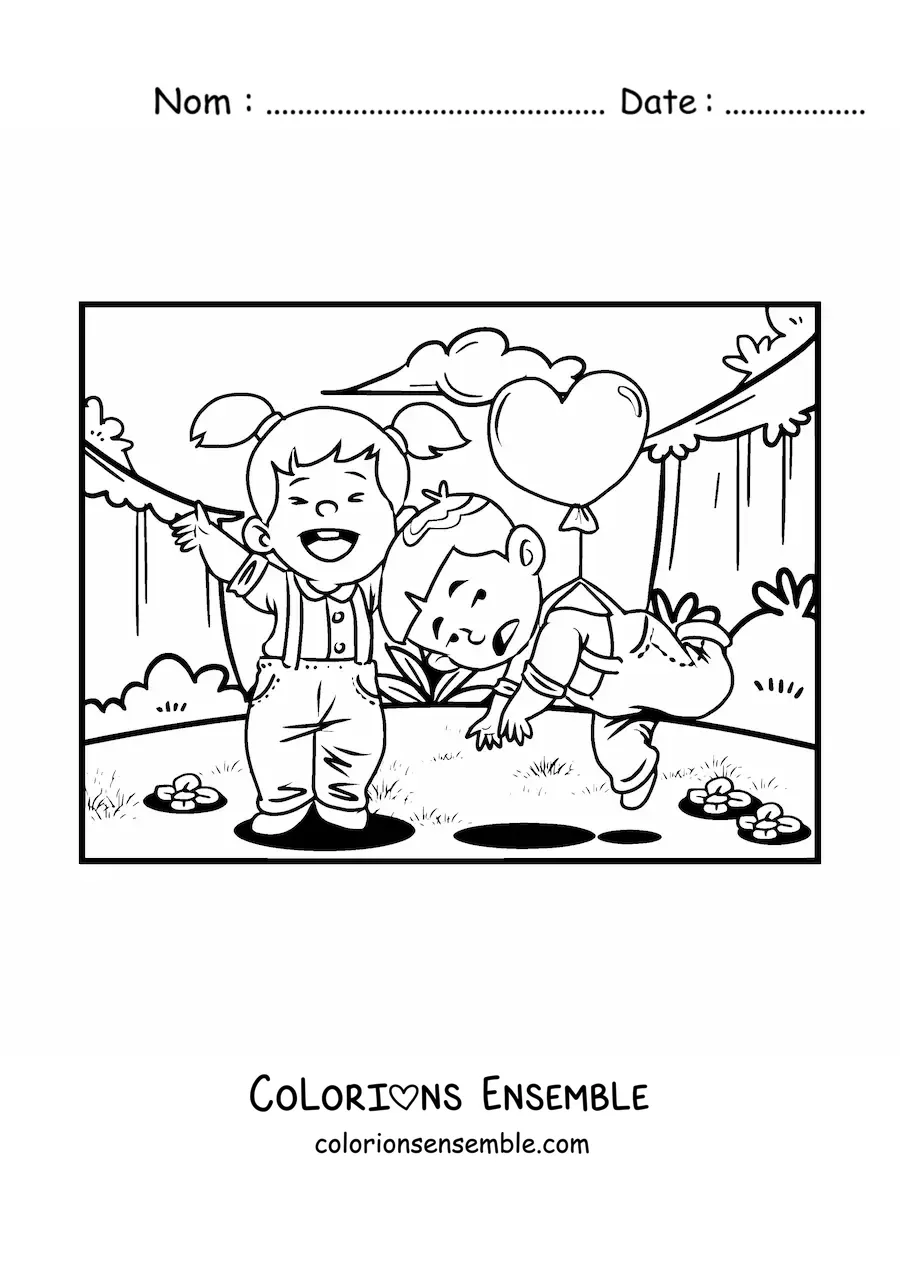 Image à colorier d'un couple d'enfants lors d'un rendez-vous amusant de la Saint-Valentin