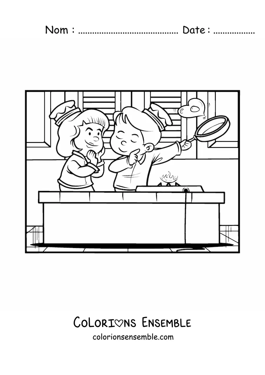 Image à colorier d'un couple d'enfants lors d'un petit-déjeuner de la Saint-Valentin
