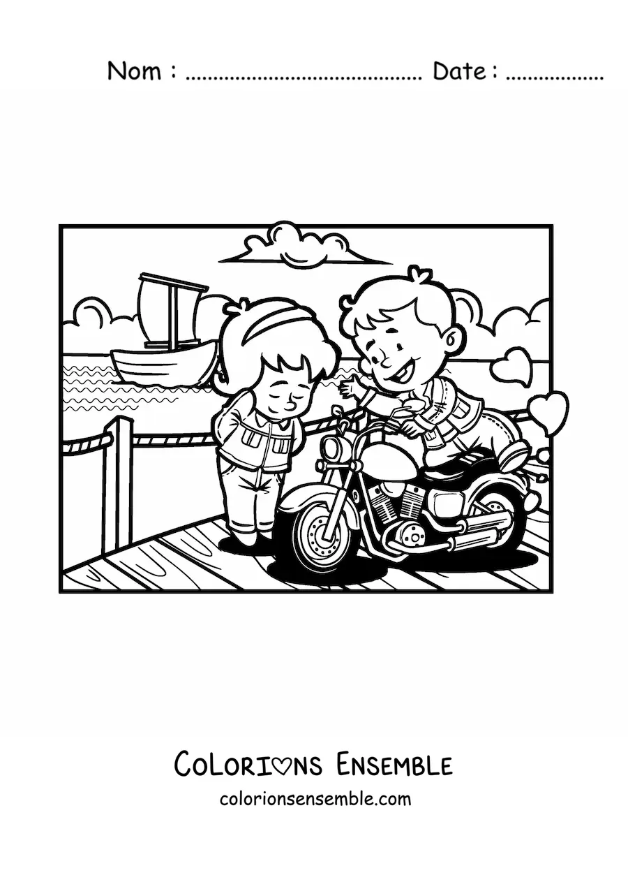 Image à colorier d'un couple d'enfants lors d'un rendez-vous romantique sur le quai