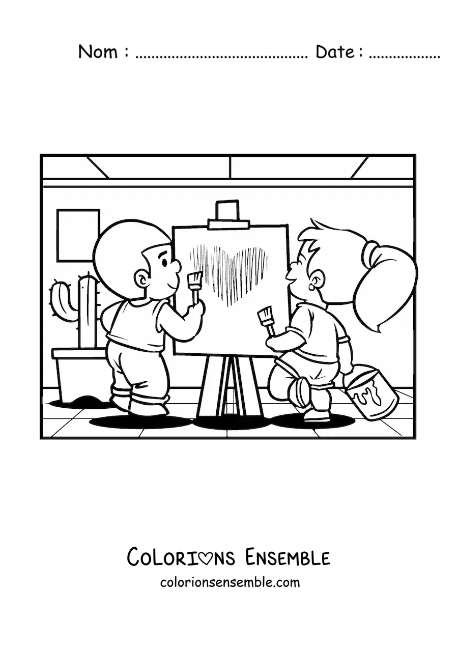 Image à colorier d'un couple d'enfants qui peignent à la Saint-Valentin