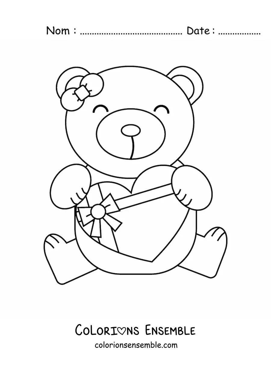 Image à colorier d'un ours avec un cadeau de la Saint-Valentin