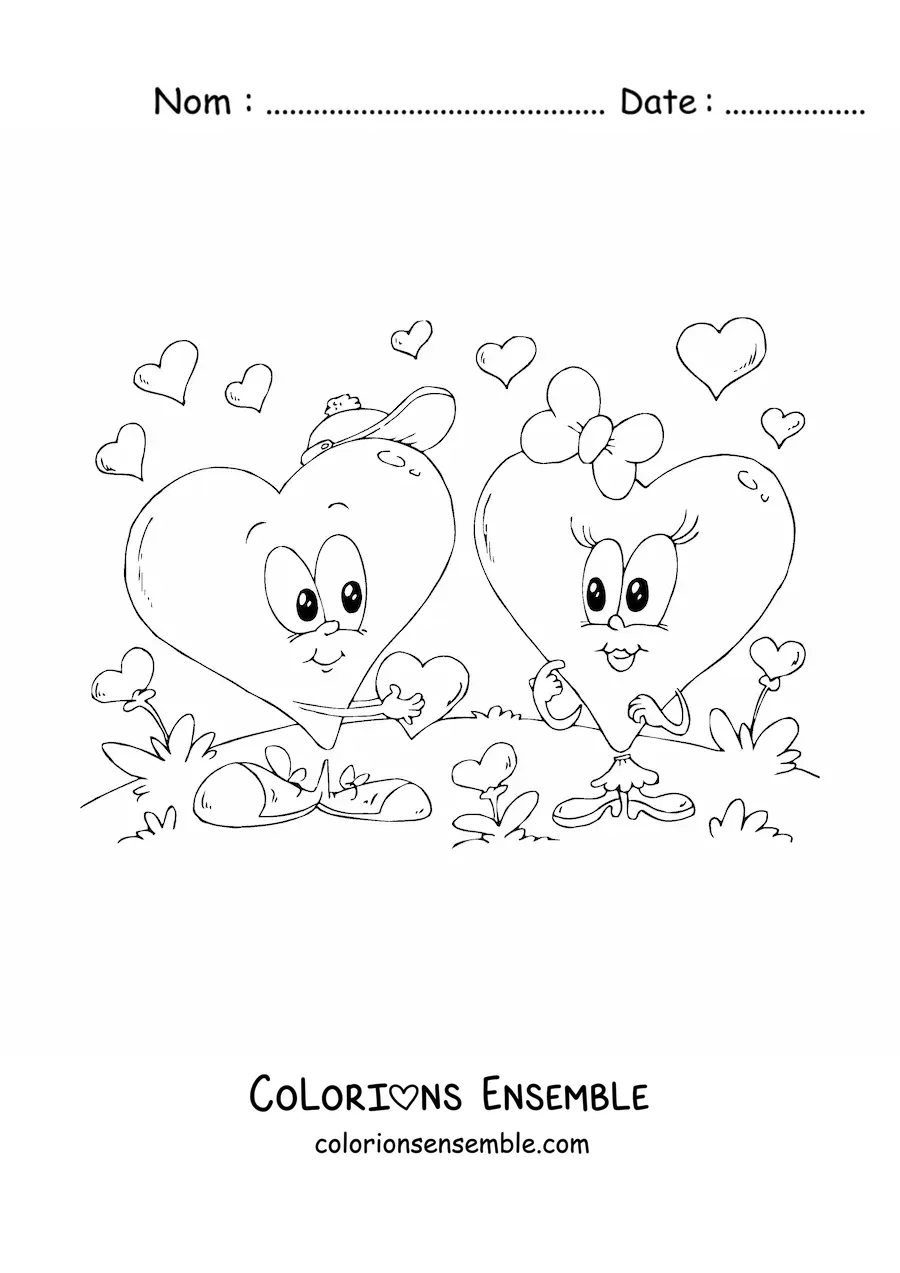 Image à colorier de deux cœurs animés à la Saint-Valentin