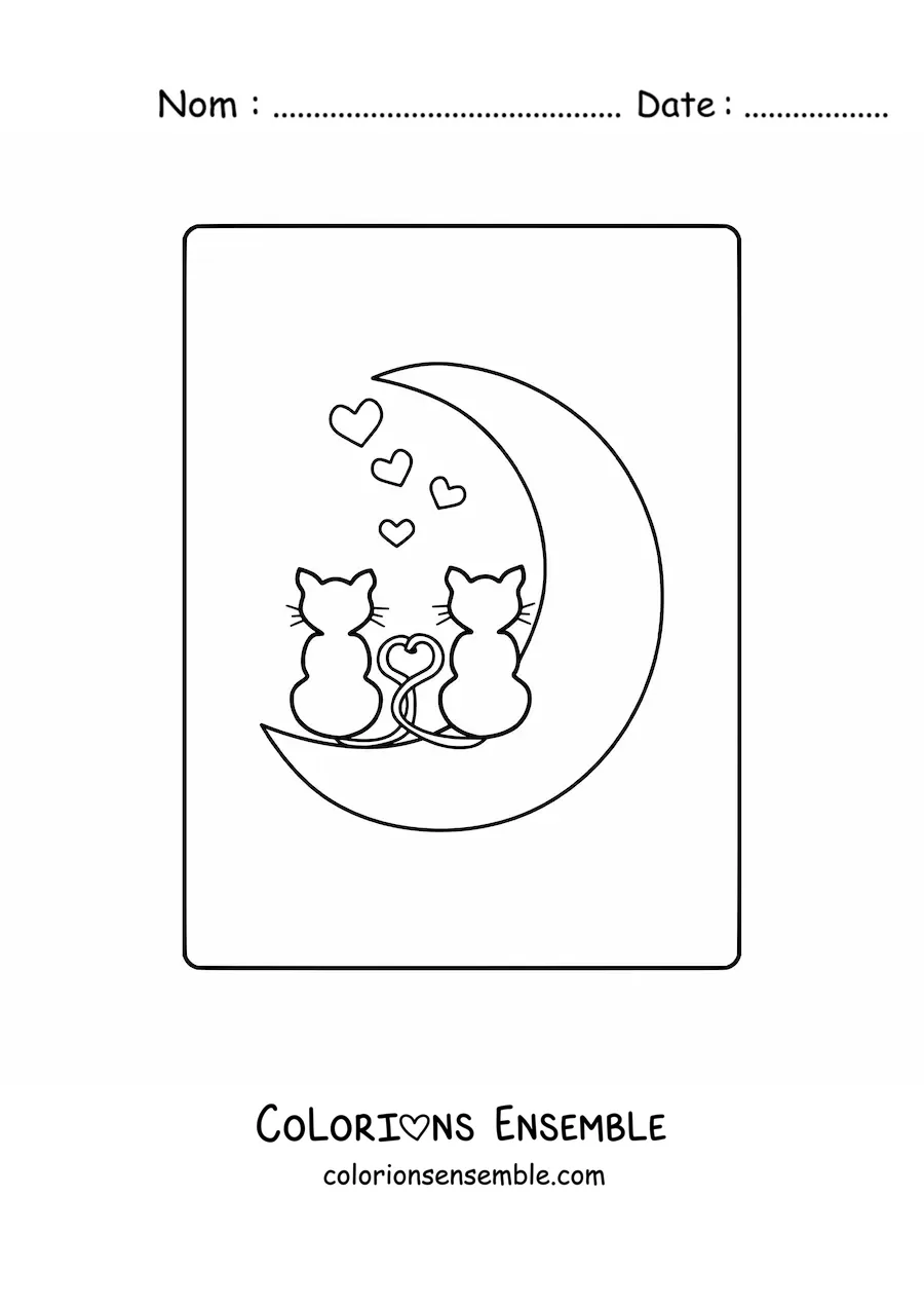 Image à colorier de deux chats amoureux posés sur la Lune