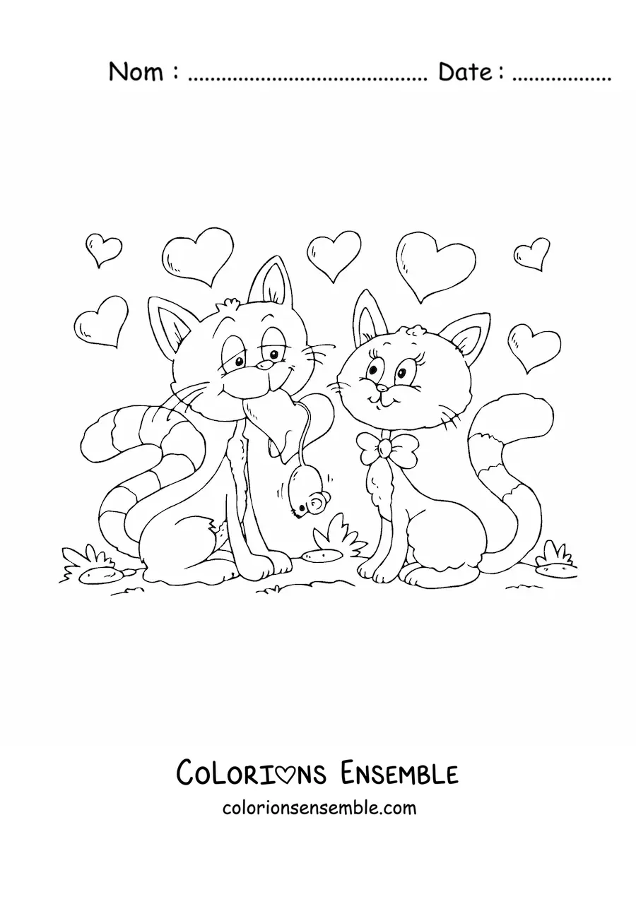 Image à colorier de deux chats amoureux à la Saint-Valentin