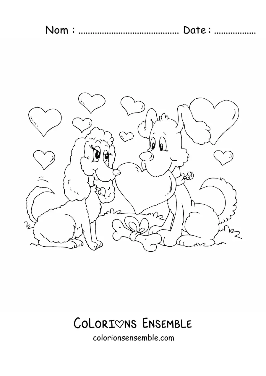 Image à colorier de deux chiens amoureux à la Saint-Valentin