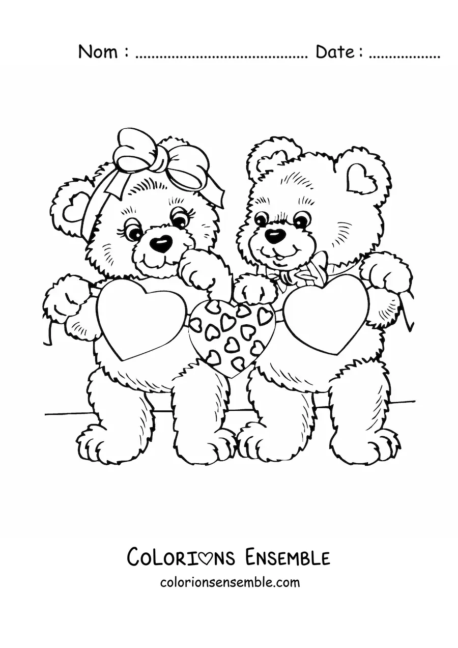 Image à colorier de deux ours avec des cœurs de la Saint-Valentin