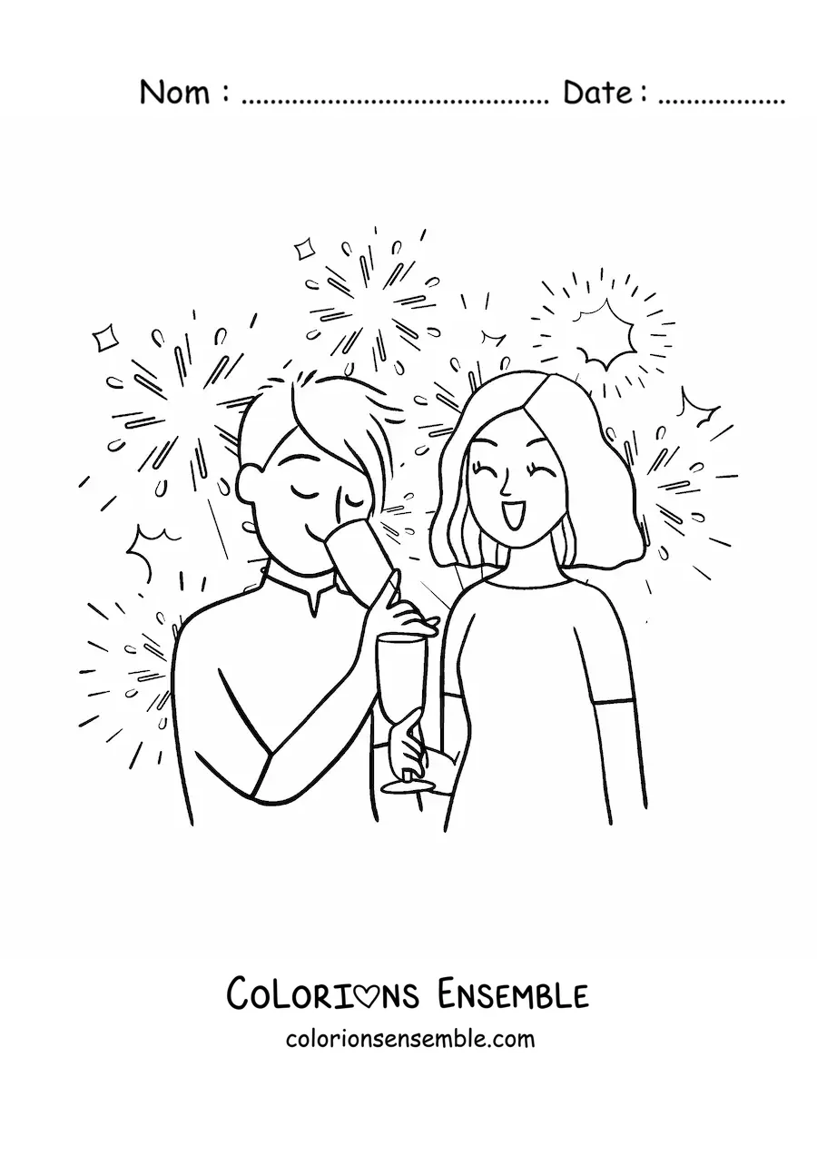 Image à colorier d'un homme et d'une femme qui trinquent au Nouvel An, avec des feux d'artifice en fond