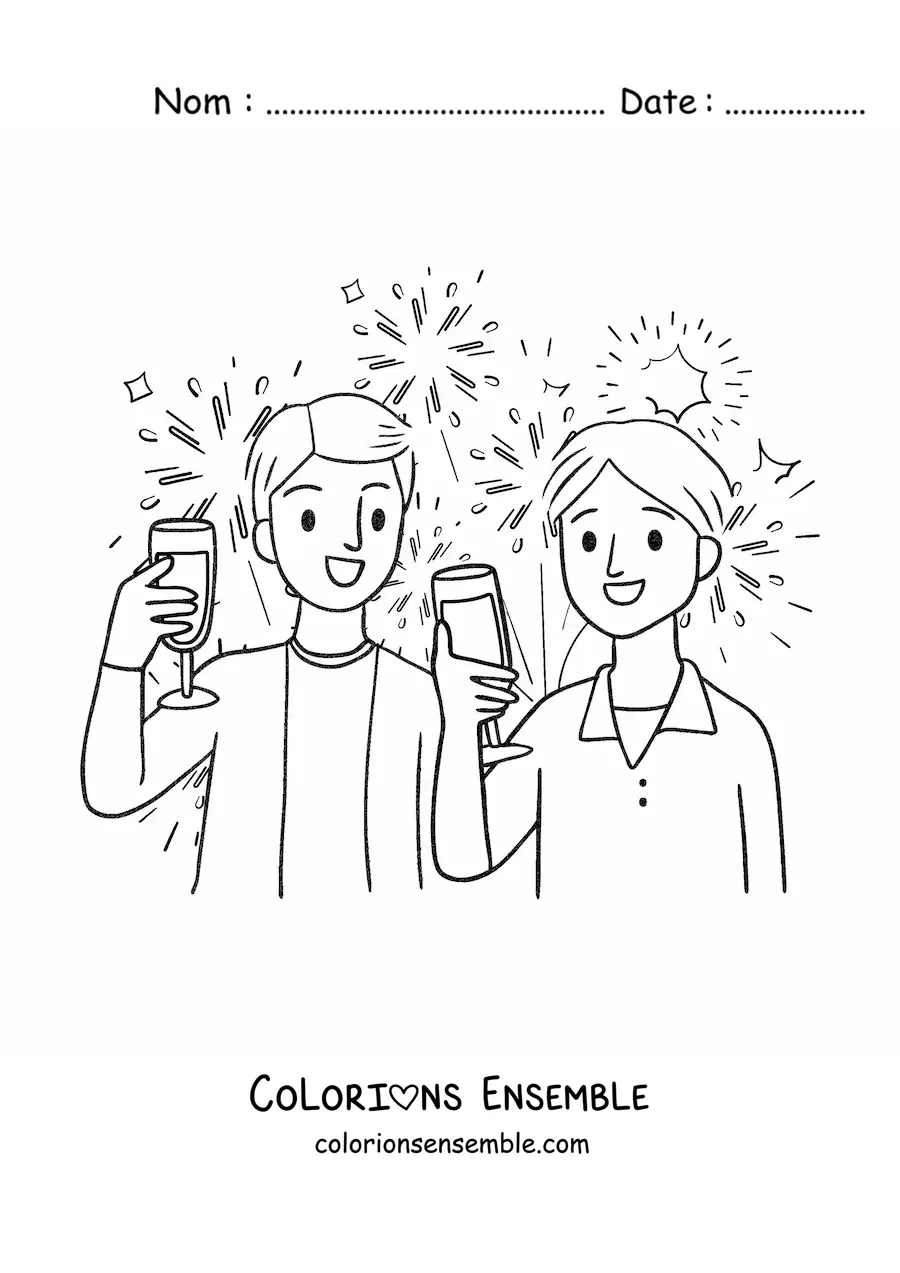 Image à colorier de deux garçons qui fêtent le Nouvel An