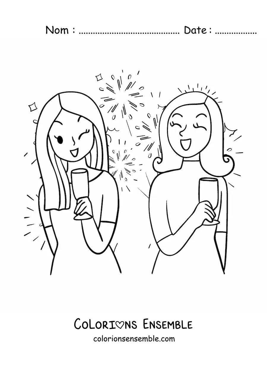 Image à colorier de deux filles qui fêtent le Nouvel An