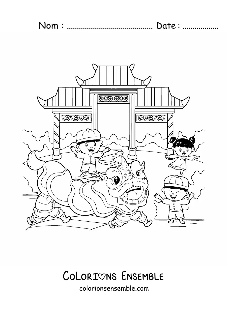 Image à colorier de trois enfants qui fêtent le Nouvel An chinois