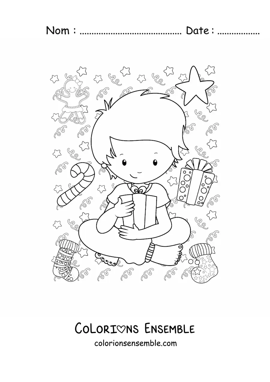 Image à colorier d'un garçon avec un cadeau du Nouvel An