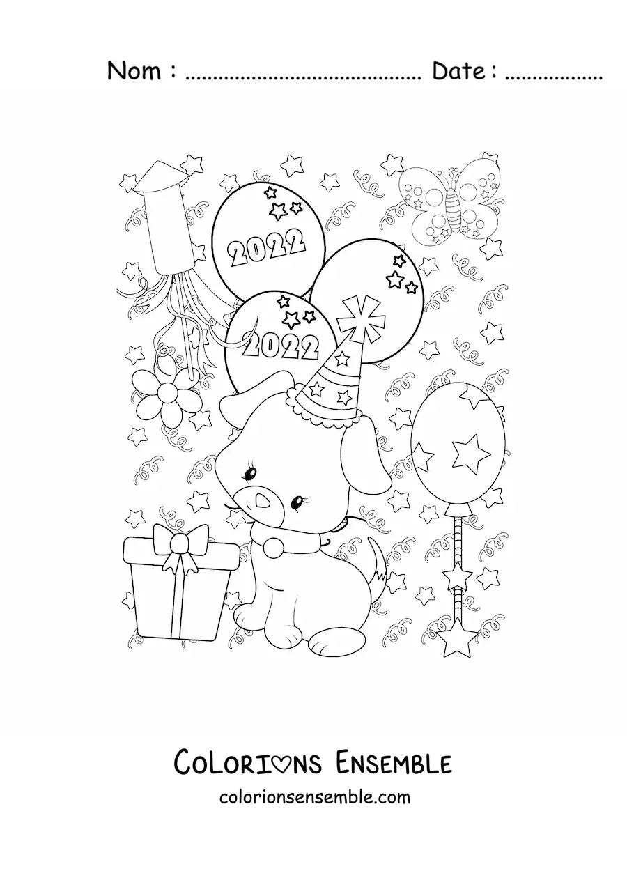 Image à colorier d'un chien animé avec des ballons du Nouvel An