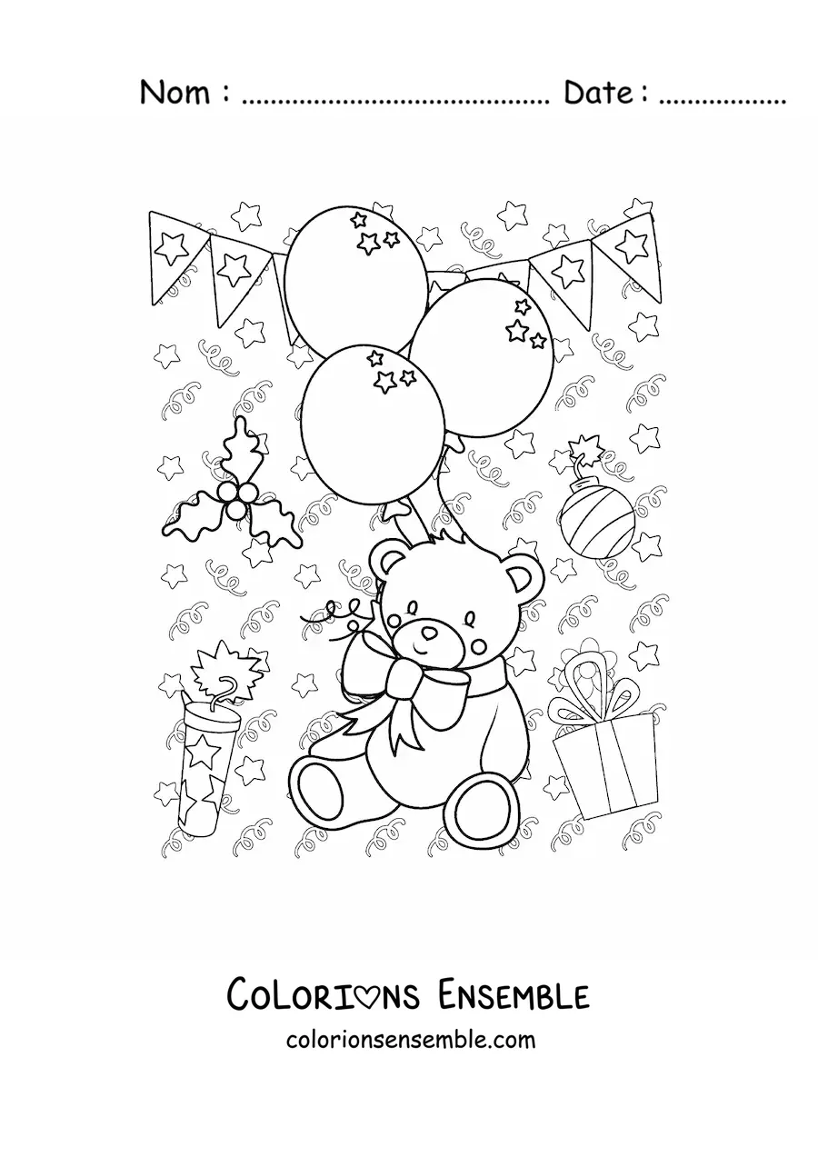Image à colorier d'un ours animé avec des ballons du Nouvel An