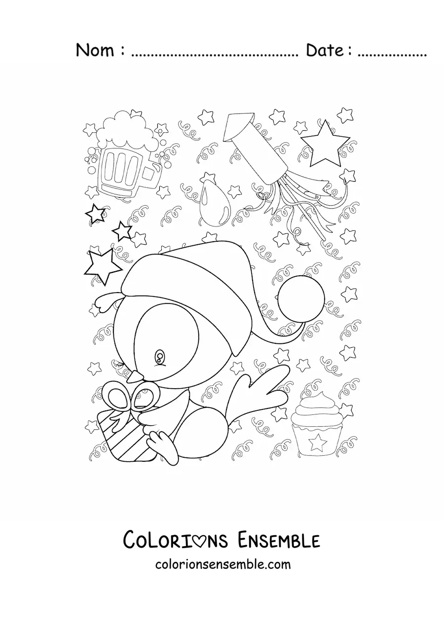 Image à colorier d'un pingouin animé avec un cadeau du Nouvel An