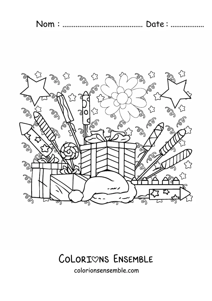 Image à colorier de plusieurs cadeaux et de feux d'artifice du Nouvel An