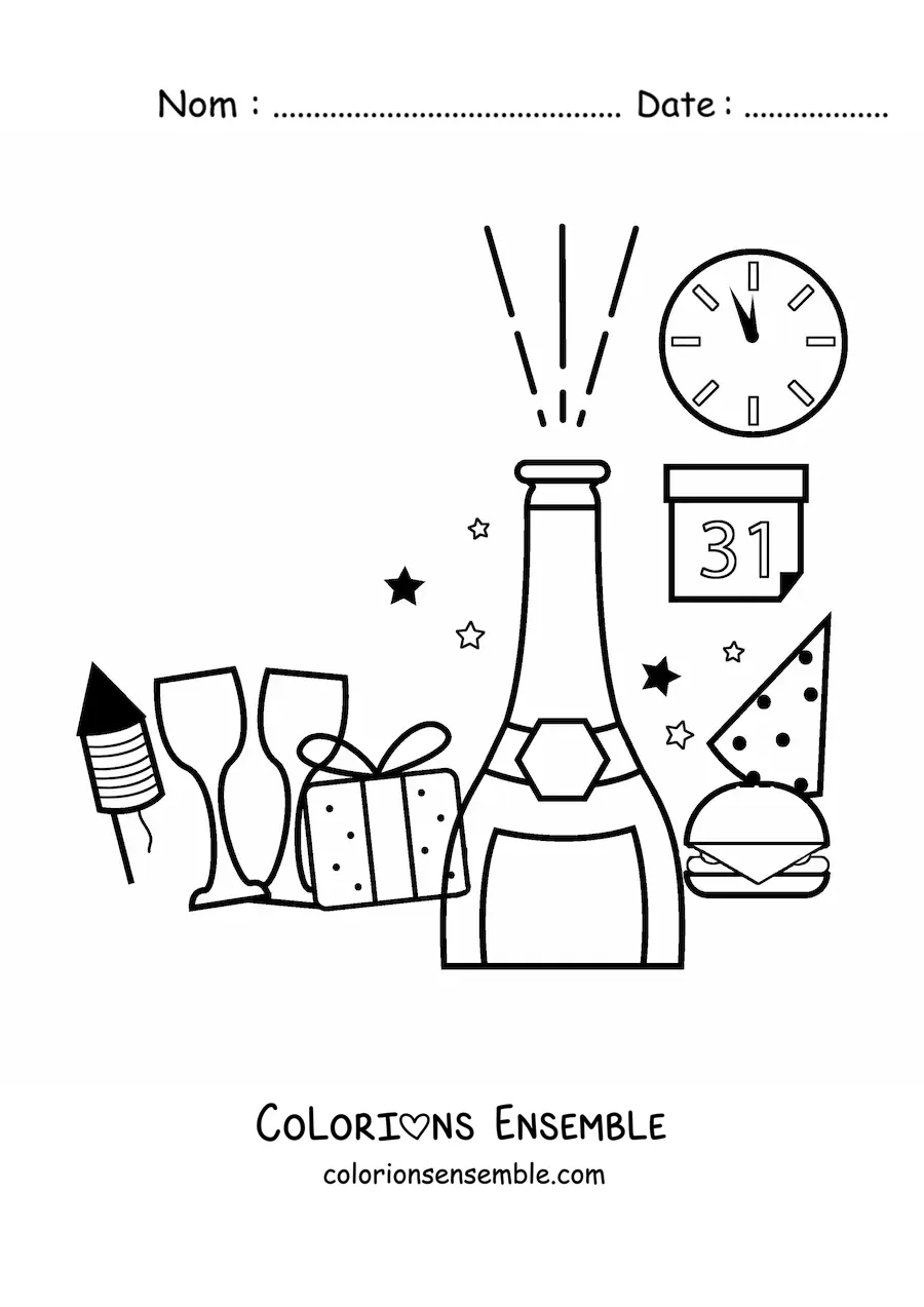 Image à colorier d'un cadeau, d'une bouteille et de verres du Nouvel An