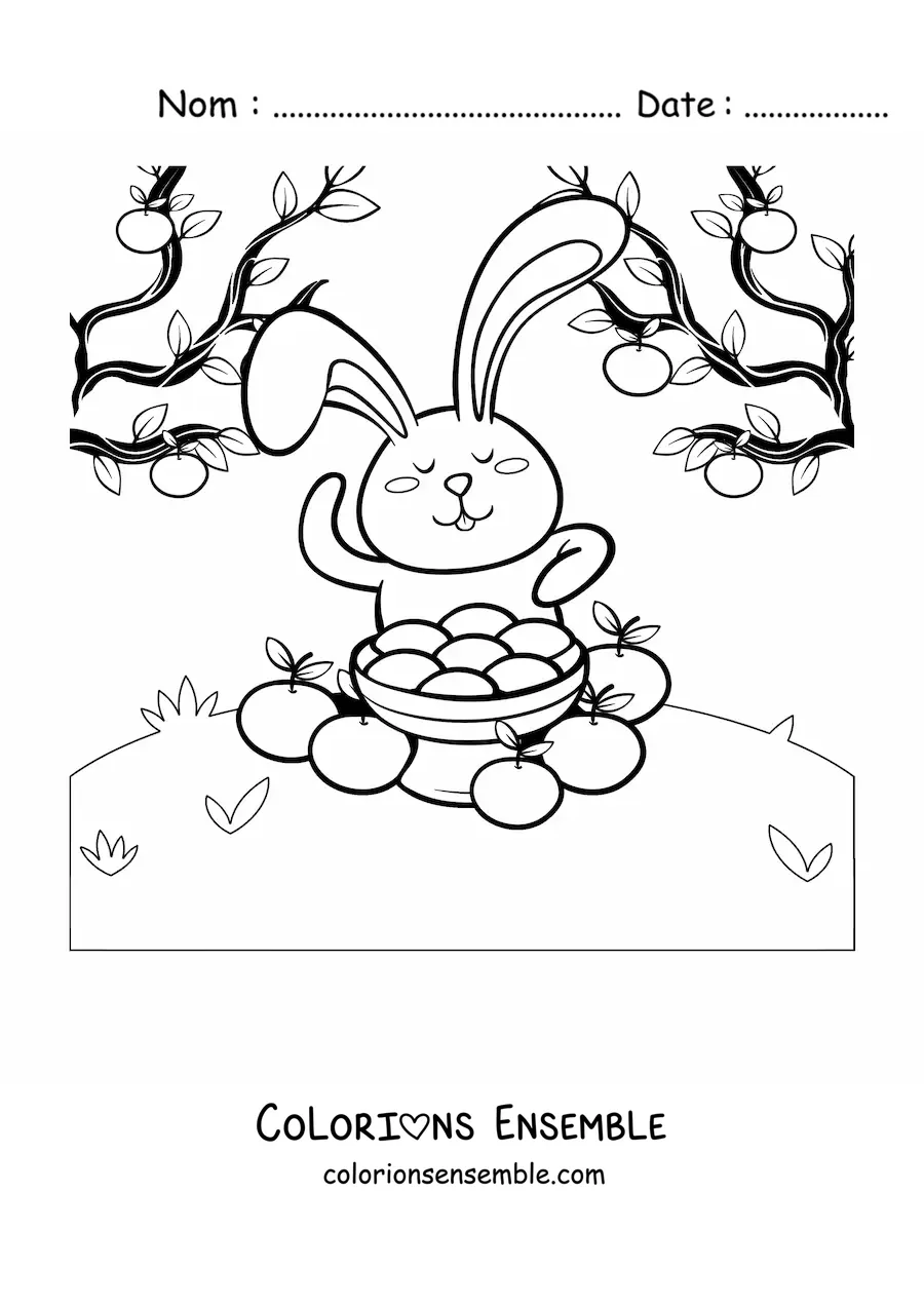 Image à colorier d'un lapin avec des oranges qui fête le Chuseok