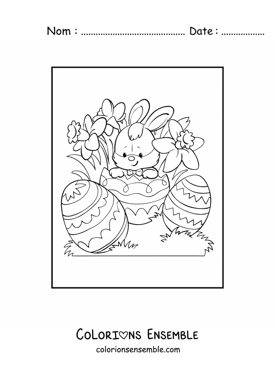 Image à colorier d'un lapin kawaii avec trois œufs de Pâques et des fleurs