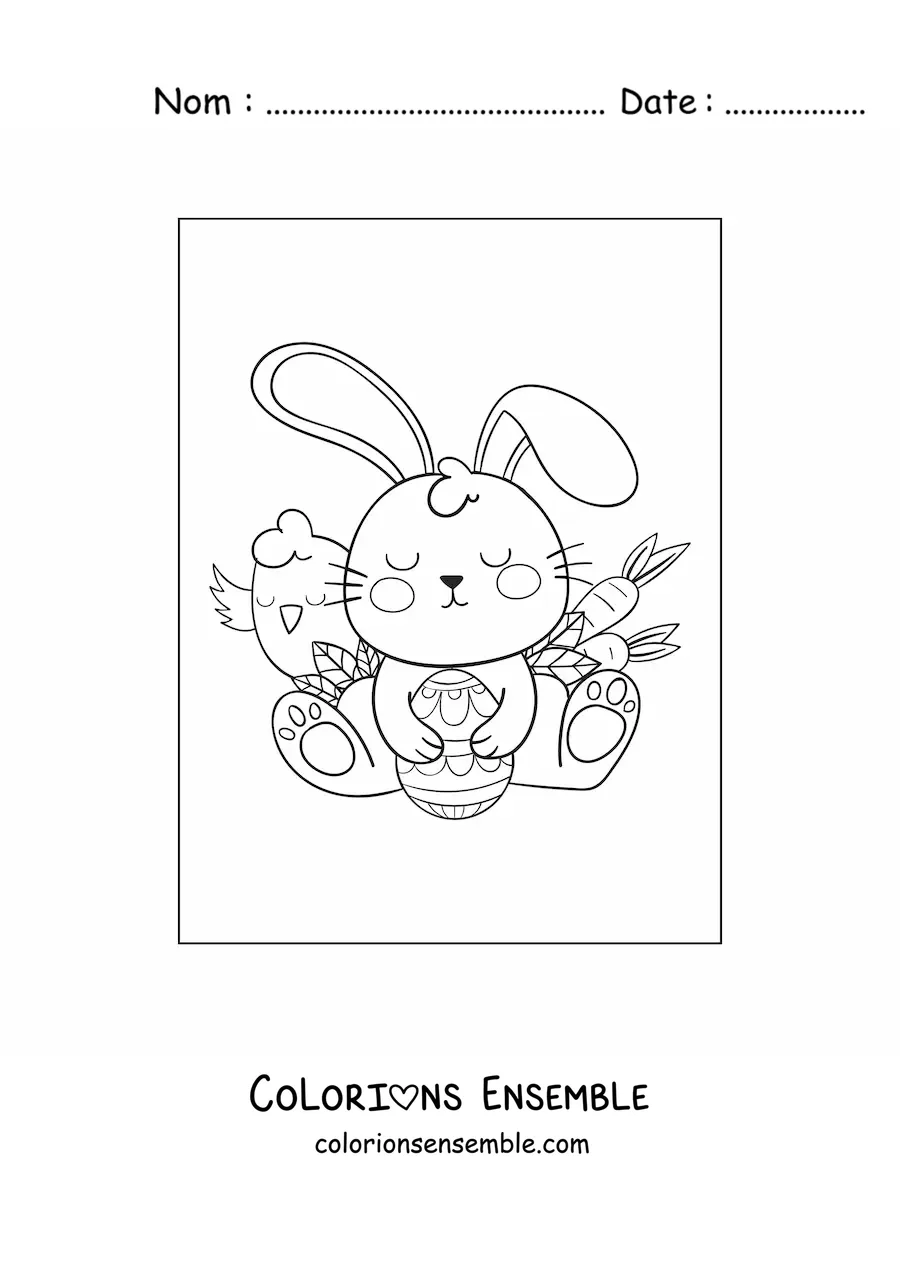 Image à colorier d'un lapin kawaii avec des œufs de Pâques et des carottes