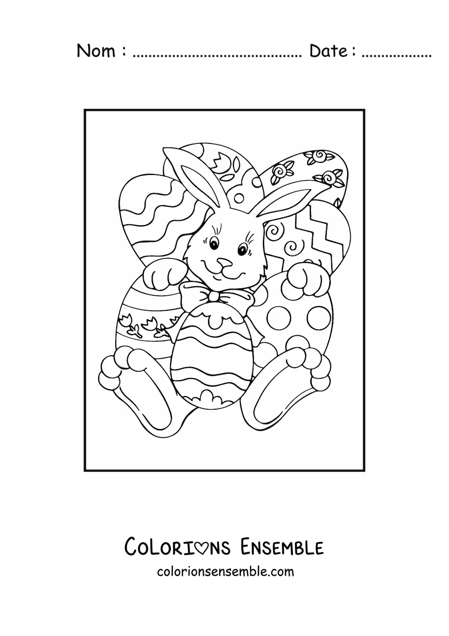 Image à colorier d'un lapin animé avec plusieurs œufs de Pâques