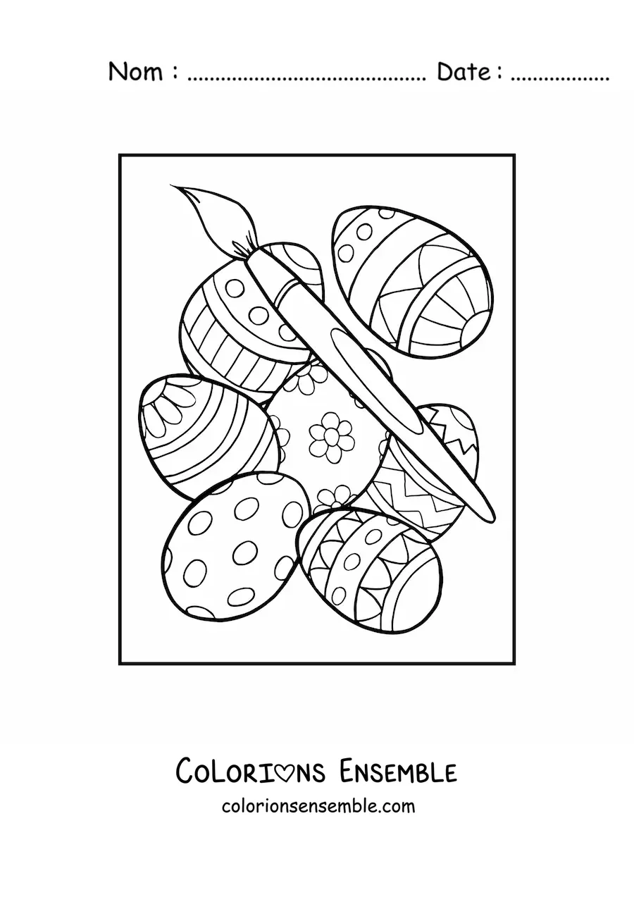 Image à colorier de plusieurs œufs de Pâques et d'un pinceau