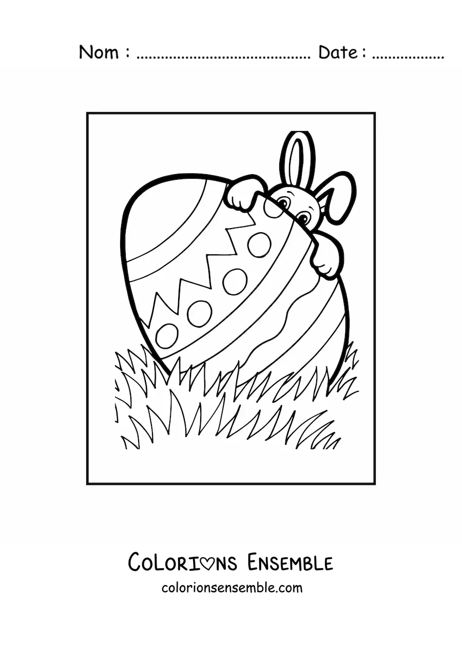 Image à colorier d'un œuf de Pâques géant et d'un lapin animé caché