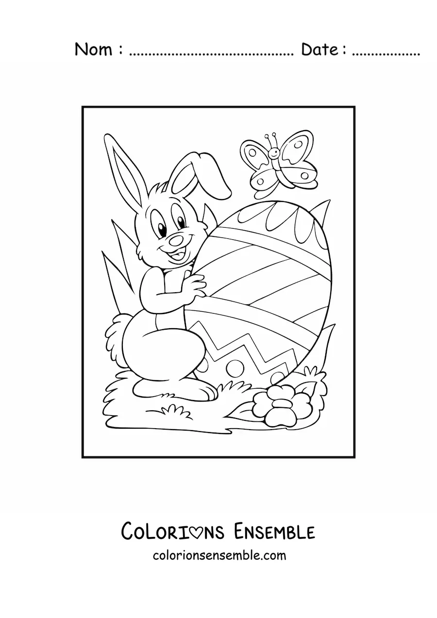 Image à colorier d'un lapin animé avec un œuf de Pâques et un papillon