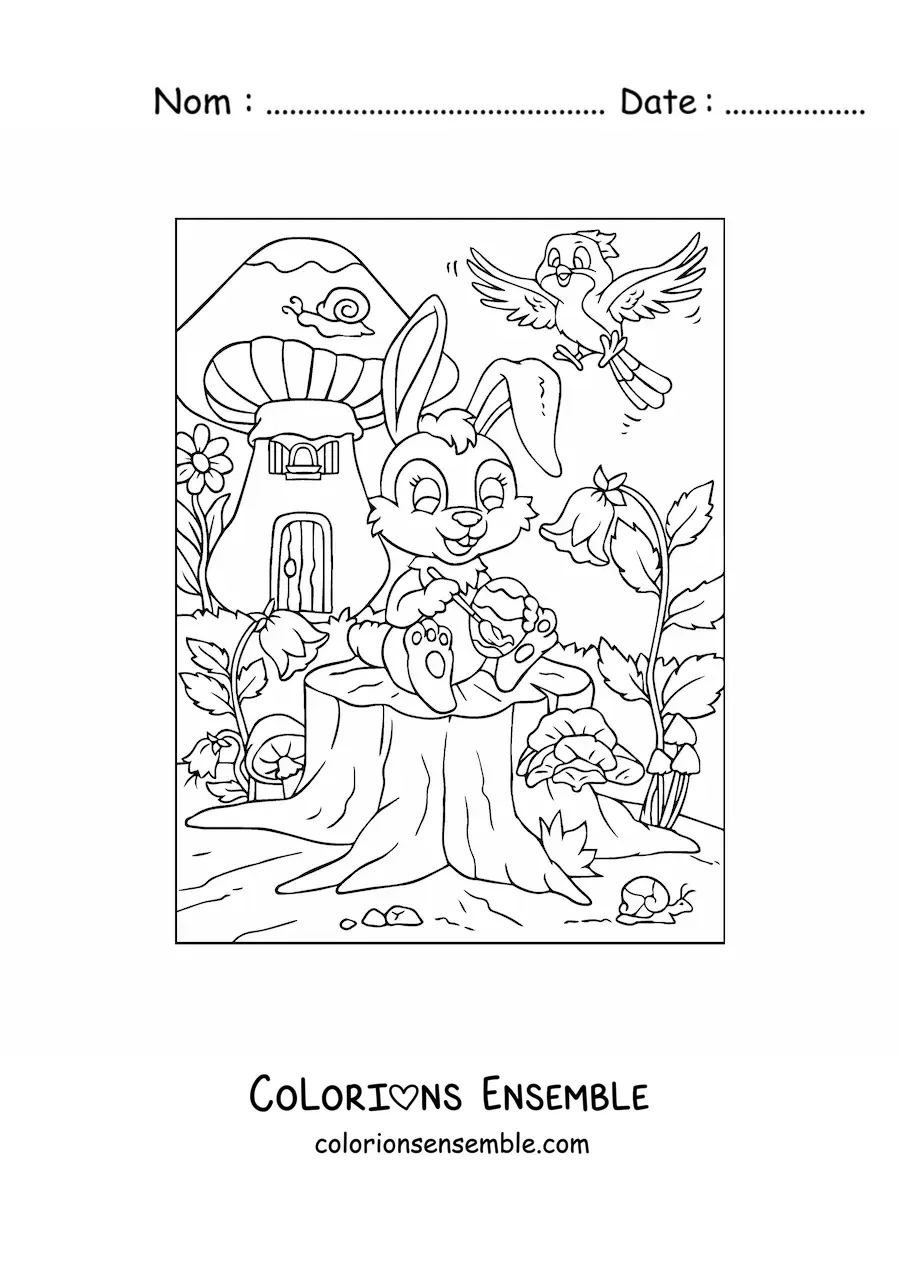 Image à colorier d'un lapin animé qui peint un œuf de Pâques