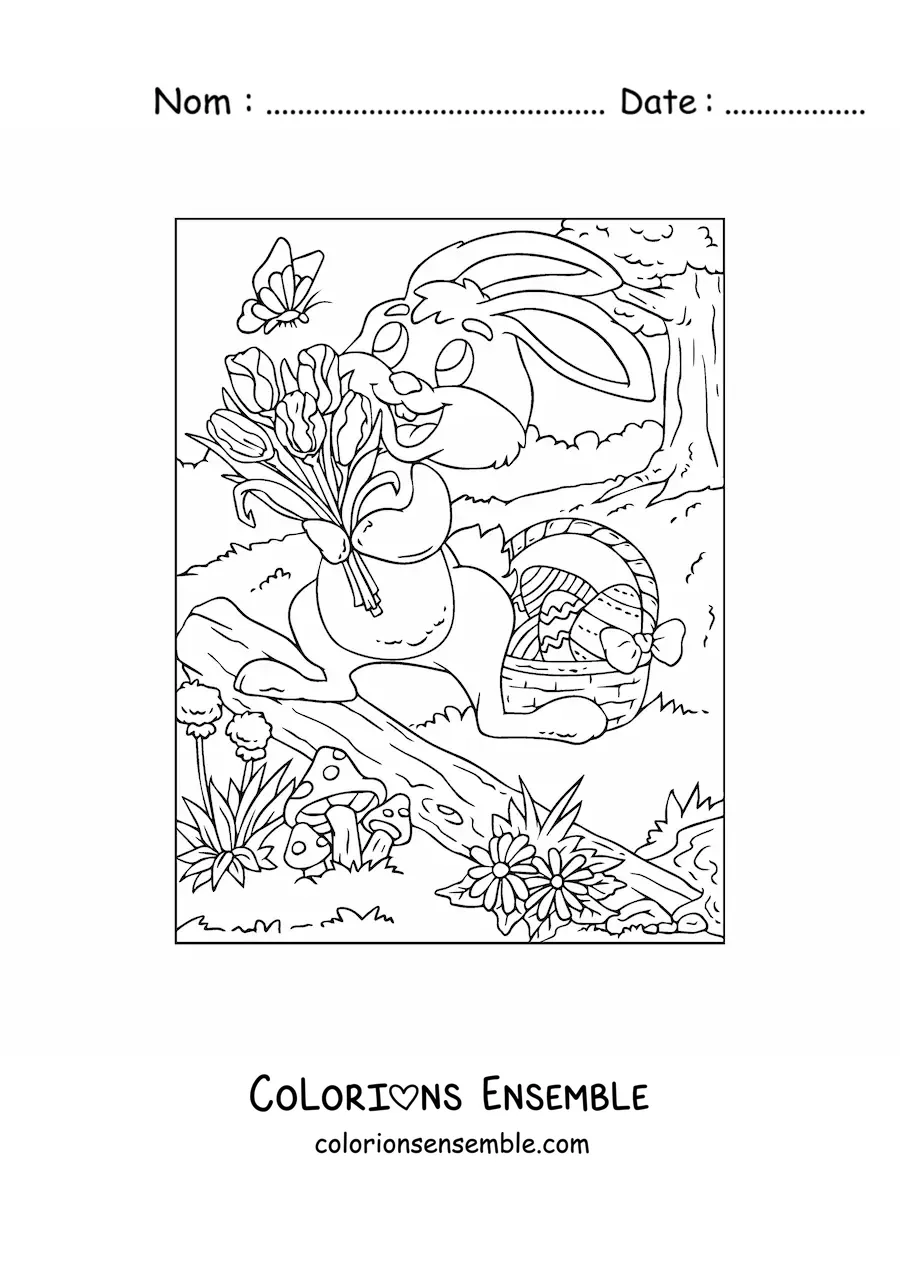 Image à colorier d'un lapin de Pâques avec un bouquet de fleurs