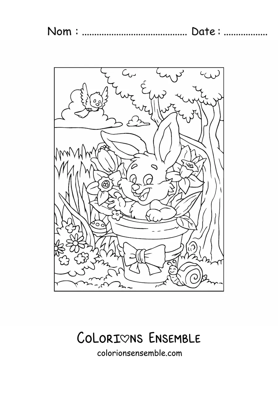 Image à colorier du lapin de Pâques dans le jardin