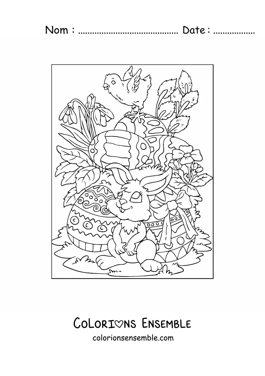 Image à colorier du lapin de Pâques avec des œufs et un poussin