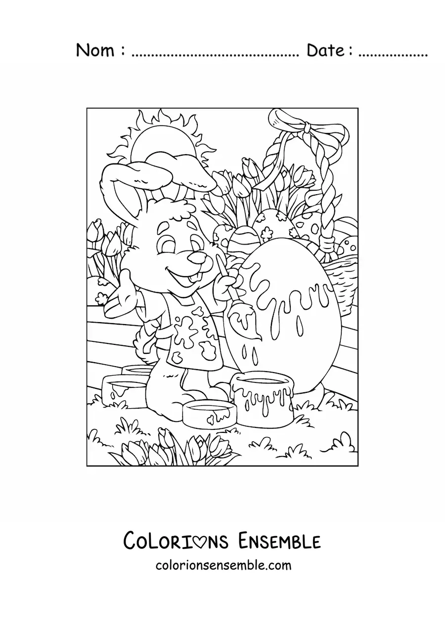 Image à colorier du lapin de Pâques qui peint un œuf