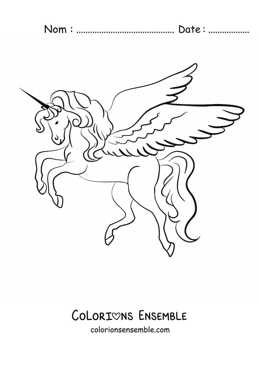 Image à colorier d’une licorne avec des ailes dressée sur deux pattes