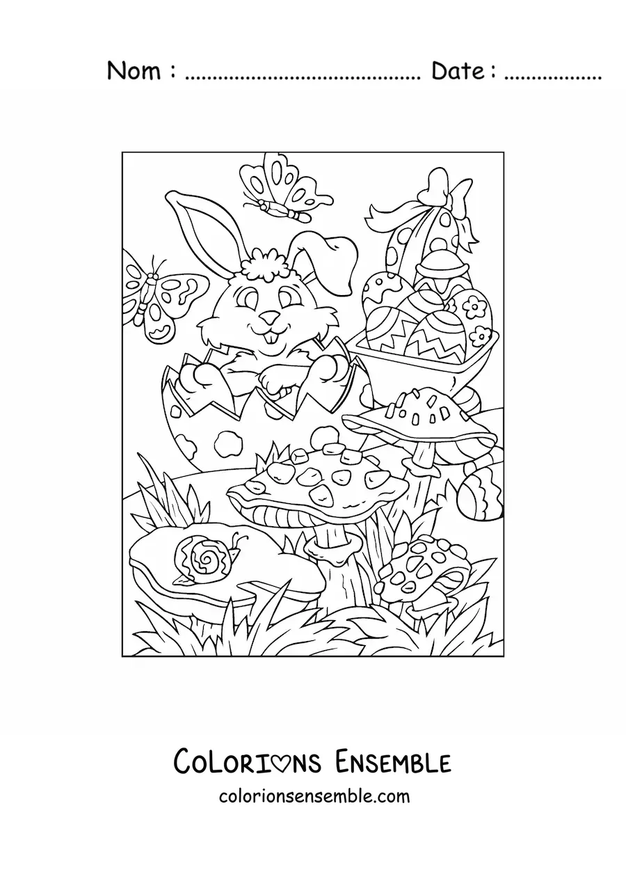 Image à colorier d'un lapin avec un panier d'œufs de Pâques dans le jardin