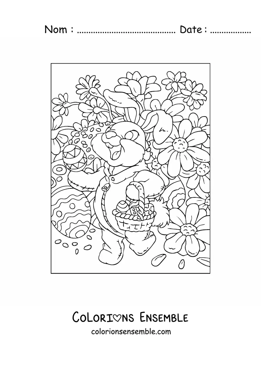 Image à colorier d'un lapin qui distribue des œufs de Pâques