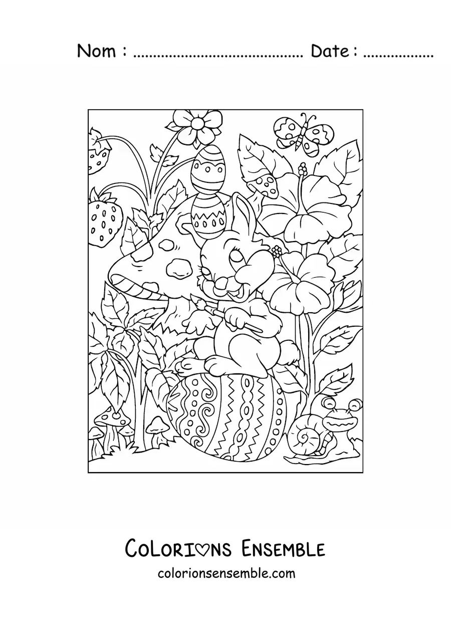 Image à colorier d'un lapin avec un pinceau et des œufs de Pâques dans le jardin