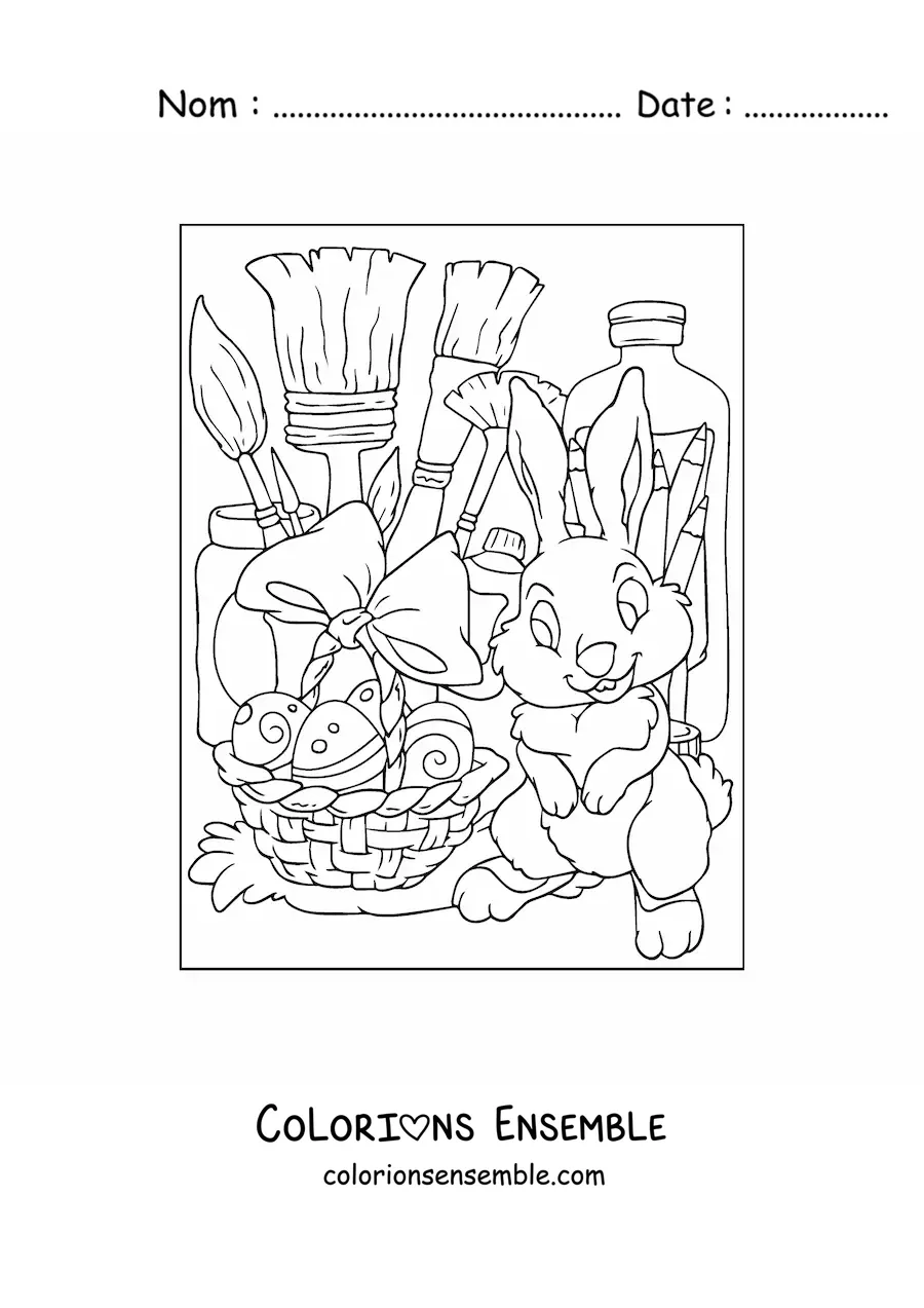 Image à colorier d'un lapin de Pâques et de matériel d'art
