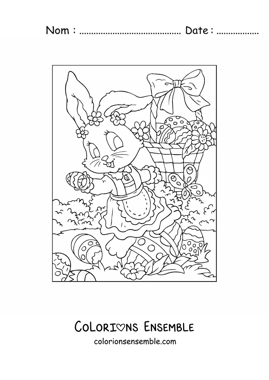 Image à colorier d'une lapine de Pâques qui distribue des œufs