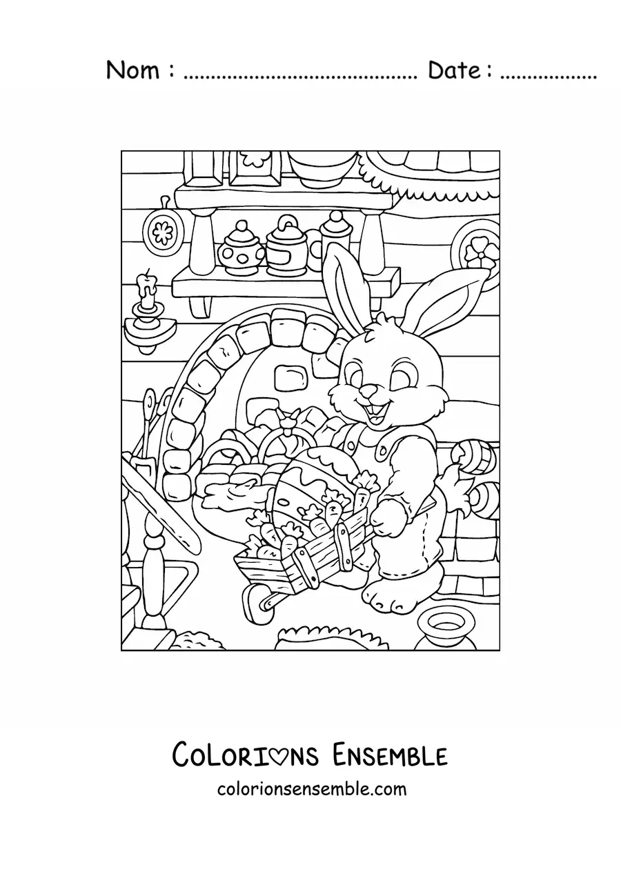 Image à colorier du lapin de Pâques avec une brouette
