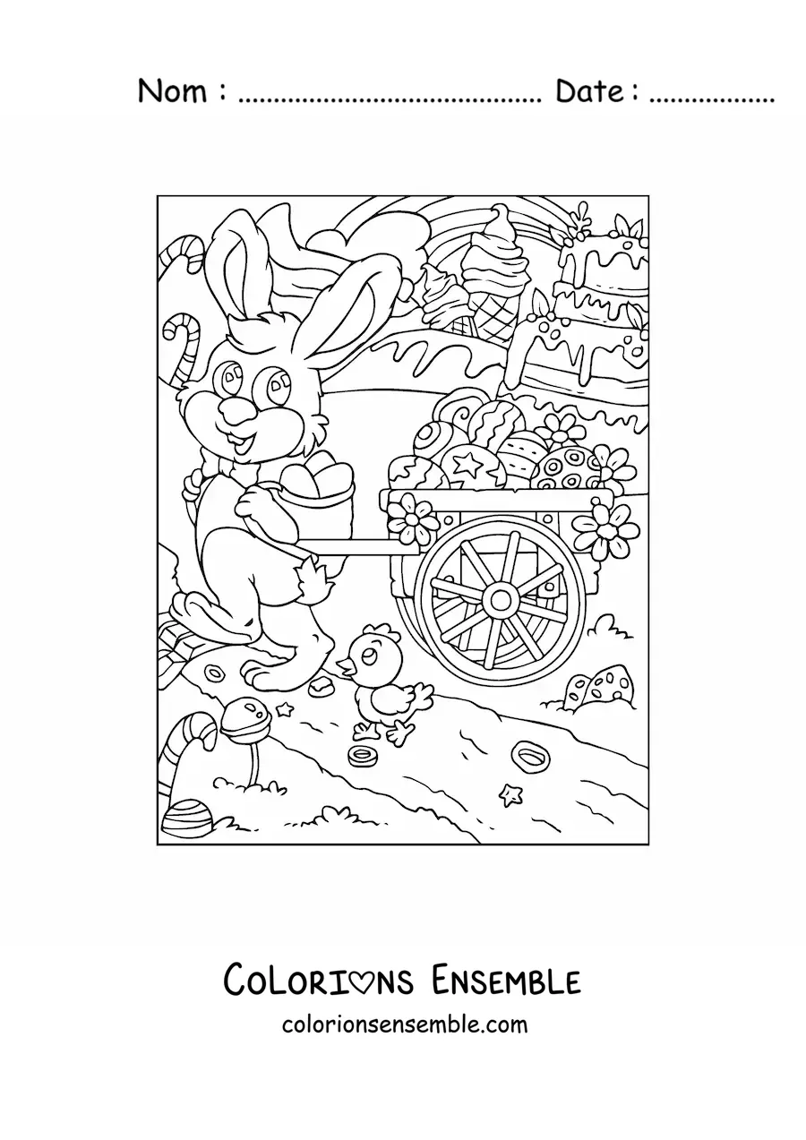 Image à colorier d'un lapin avec une brouette remplie d'œufs de Pâques