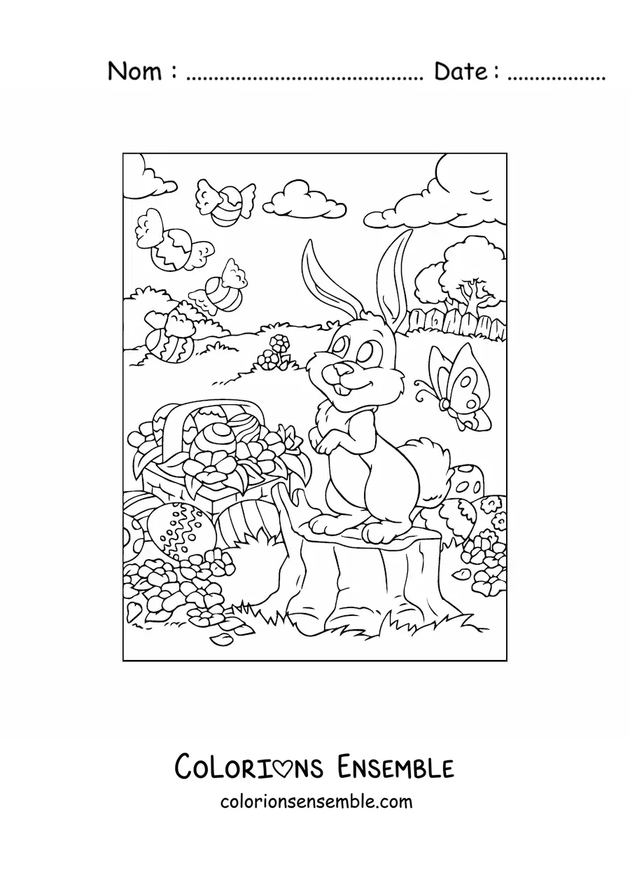 Image à colorier d'un lapin avec des œufs de Pâques animés